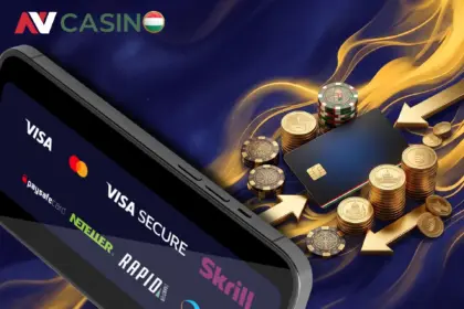 Fizetési módok az NV Casino felületén, mint a Visa, Mastercard, Neteller és Skrill, magyar zászlós érmékkel körülvéve