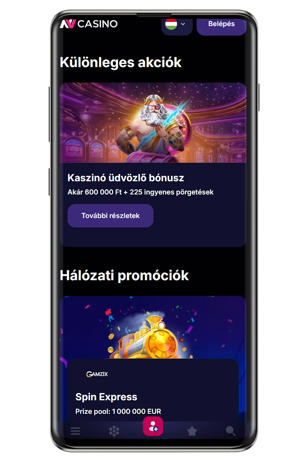 A kaszinó mobil verziójának képernyőképe