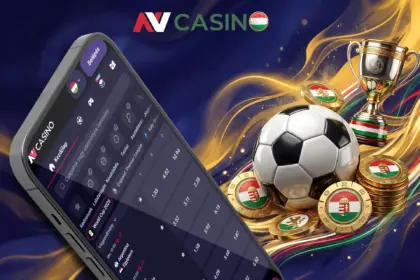 Sportfogadási felület az NV Casino mobilalkalmazásában élő szorzókkal, egy focilabdával és egy arany trófeával